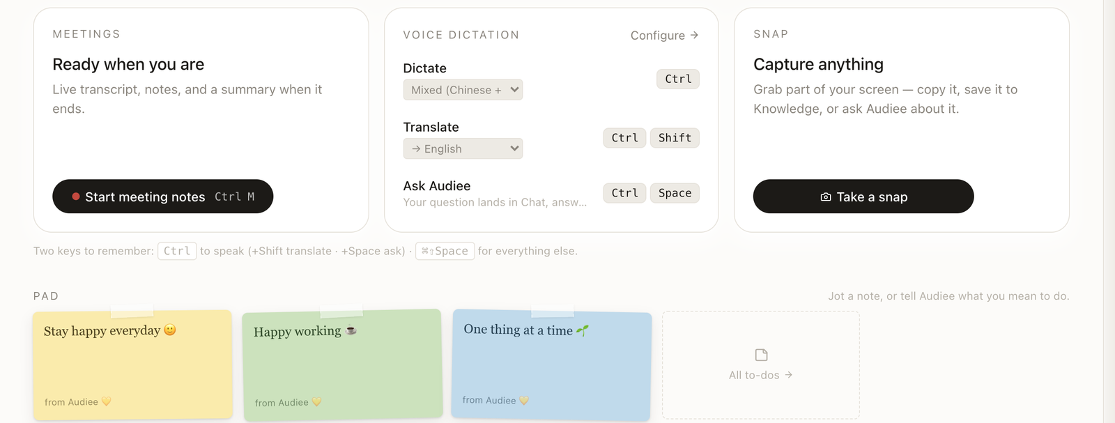 Audiee.ai Home: Start meeting notes, voice dictation hotkeys, and the snap tool, with sticky notes underneath