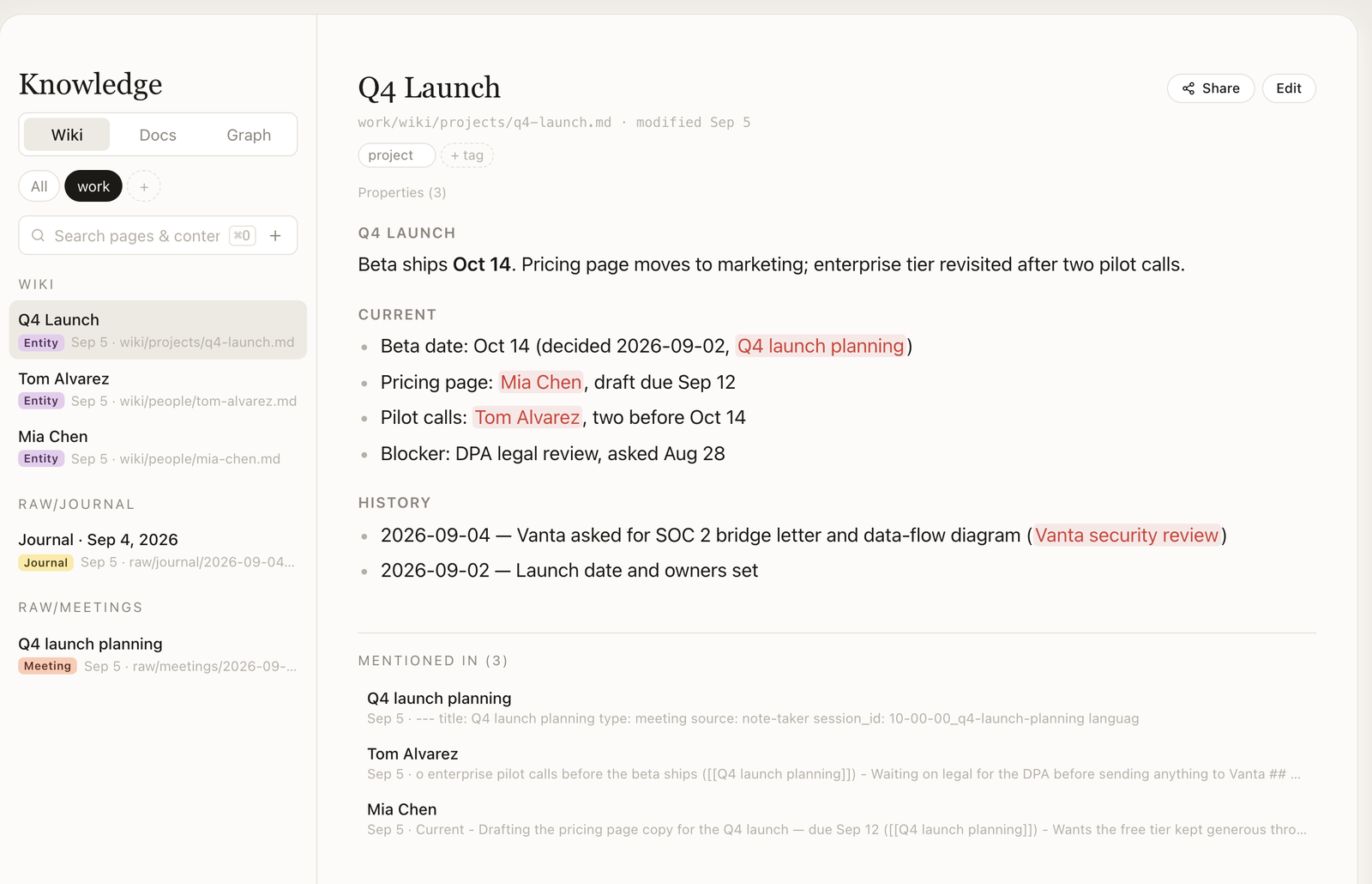 The Markdown knowledge base an MCP client can search: a project page with backlinks
