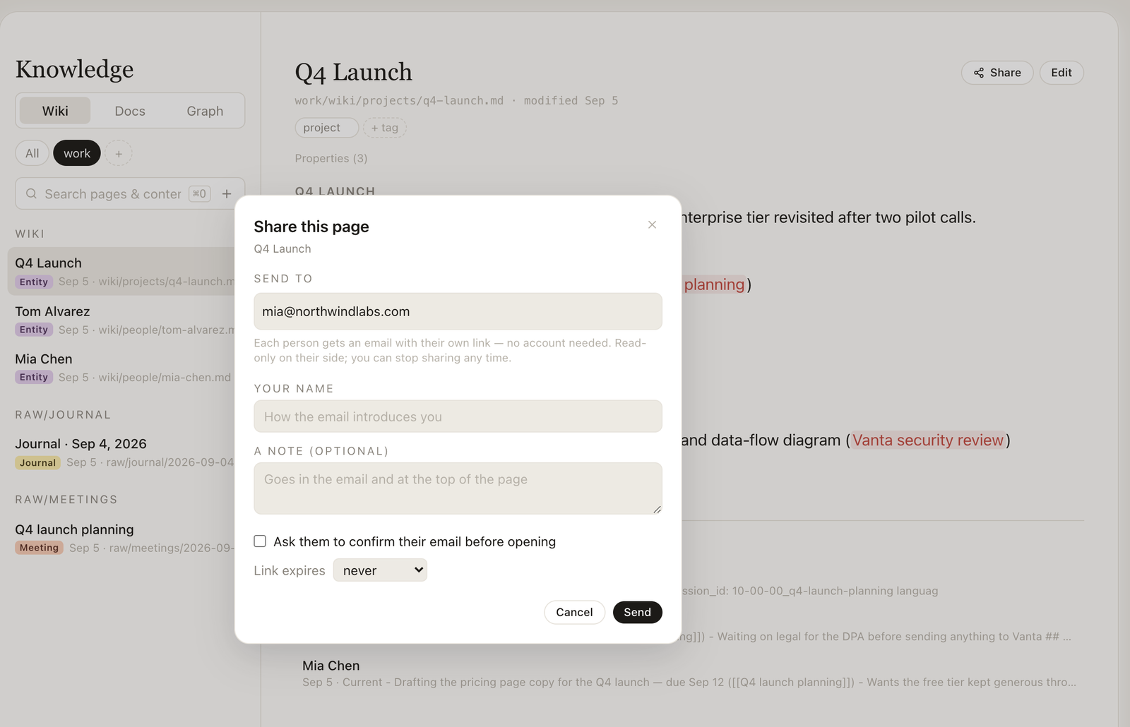 Audiee share dialog with an email address entered, name and note fields, confirm-email checkbox and expiry selector
